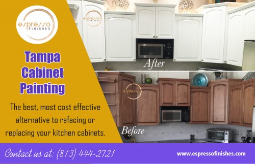 Cabinet painting Tampa is a great solution for kitchens at https://espressofinishes.com/

Find Us here..
https://goo.gl/maps/QinGpJbsPHr

Products/Services –
Cabinet Refinishing
Cabinet Painting 
Kitchen Cabinet Refinishing
Kitchen Cabinet Painting

One of the benefits of cabinet painting Tampa is that unlike many other rooms in your home, that kitchen remodeling doesn't have to be done all at once. You can remodel that kitchen as your time and finances allow. For example, changing your faucets and light fixtures are both projects that are relatively inexpensive and can easily be accomplished in a day or a weekend off as can painting your kitchen walls and cabinets and changing that cabinet hardware.

Contact Us: 333 N Falkenburg Rd #B-221, Tampa, FL 33619, USA
Phone Number: (813) 444-2721
Email Address : info@espressofinishes.com

Social:
https://us.enrollbusiness.com/BusinessProfile/404810/Espresso-Finishes-Tampa-FL-33606
http://www.expressbusinessdirectory.com/Companies/Espresso-Finishes-C290403
https://www.hotfrog.com/business/fl/tampa/espresso-finishes_41858558
http://wheretoapp.com/search?poi=14638159385899761466
https://foursquare.com/v/espresso-finishes/571da55a498e3e958e0494f8