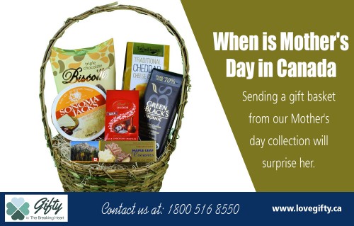 Mothers day Canada with one of carefully planned baskets at https://lovegifty.ca/collections/mothers-day
Find Us On : https://goo.gl/maps/MUGifzhNss92
You will get a lot of options for mothers day Canada Gifts Baskets. You should choose the appropriate theme. Some of the themes to choose from are spas and food. Spa themed baskets are more expensive and food themed baskets are preferred for this reason. However, if you are ready to spend more money for your loving mother, spas gift baskets will be the perfect gift for her.
My Social :
https://followus.com/giftbaskettoronto
http://www.facecool.com/profile/giftbaskettoronto
https://bakaehyliwo.contently.com/
https://mastodon.social/@giftbaskettoronto

Gifty by The Breaking Heart

112 Elizabeth St, Toronto, ON M5G 1P5, Canada
Phone : +1 800 516 8550
E-mail: hola@lovegifty.ca
Open 24 Hours

Deals in ...
Mother's Day Canada
Mothers Day Flowers
Mother's Day Gift Basket
When Is Mother's Day In Canada