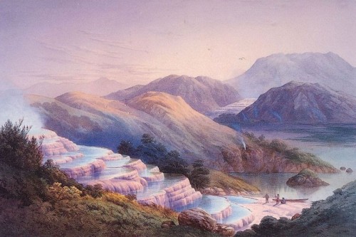 Pink Terrace dengan White Terrace di latar belakang, sebuah lukisan karya John Barr Clarke (1835-1913)