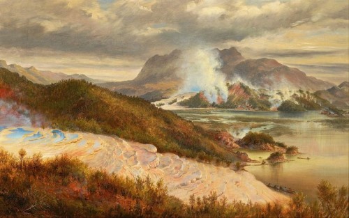 Lukisan cat minyak Charles Bloomfield pada kanvas yang menggambarkan Terraces Pink. Tanggal 1886.