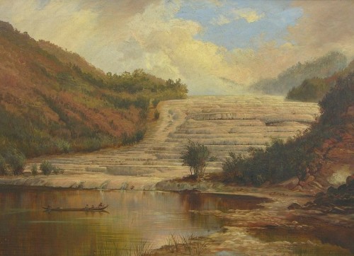 Lukisan cat minyak Charles Bloomfield pada kanvas yang menggambarkan Terraces Pink. Tahun 1893.
