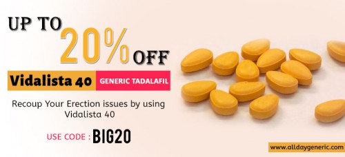 Buy Vidalista 40 mg Online at cheap Price from AllDayGeneric using 20% Discount on your First Order. It is used to treat Erectile Dysfunction. Know Vidalista Tadalafil Reviews, Price, how to work, how to Take, How to Use, Side effects, dosage, Can I take 40mg of Cialis and directions. Active time of Tadalafil is 36–72 hours, so it is called “Weekend Pills.” Vidalista Tadalafil for sale USA, UK, France.