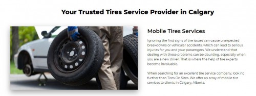 We provide online Mobile tire repair, Tire installation and Flat tire repair in Calgary. Call us for more Information (403) 603-0171 and Email id Info@tiresonsites.ca

Visit website:- https://tiresonsites.ca/