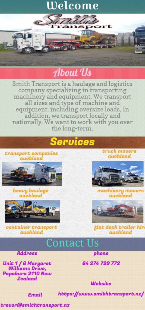 Our staff and operates a service of best machinery movers in Auckland area and offer fleet of trucks for rent in varying types. Smith Transport also provides informed to machine or any piece of equipment for you.	


https://www.smithtransport.nz/machinery-transport/