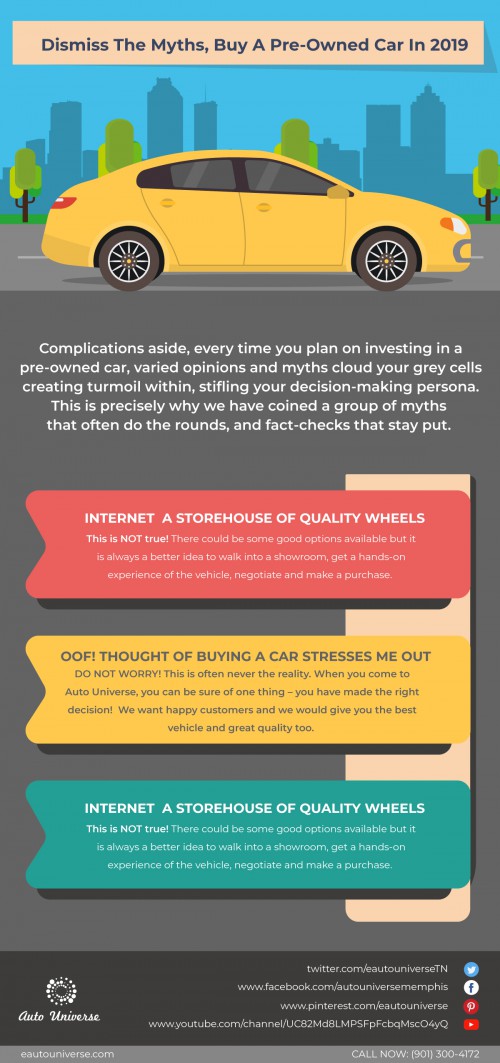 In this infographic, know the myths about buying used luxury cars in 2019. Visit our inventory to buy pre-owned luxury cars at an affordable price. Visit now! https://www.eautouniverse.com/blog/dismiss-the-myths-buy-a-pre-owned-car-in-2019/