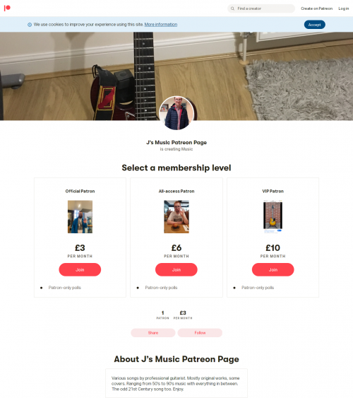 Become a patron of J’s Music Patreon Page today: Get access to exclusive content and experiences on the world’s largest membership platform for artists and creators.

Read more:- https://www.patreon.com/JMusicCovers?fan_landing=true

#OnlineMusiccreators #MusicPatreonpage #Topprofessionalguitarist #J’sMusic #TopcreatingMusic #BestMusicplatform #artistsMusicplatform