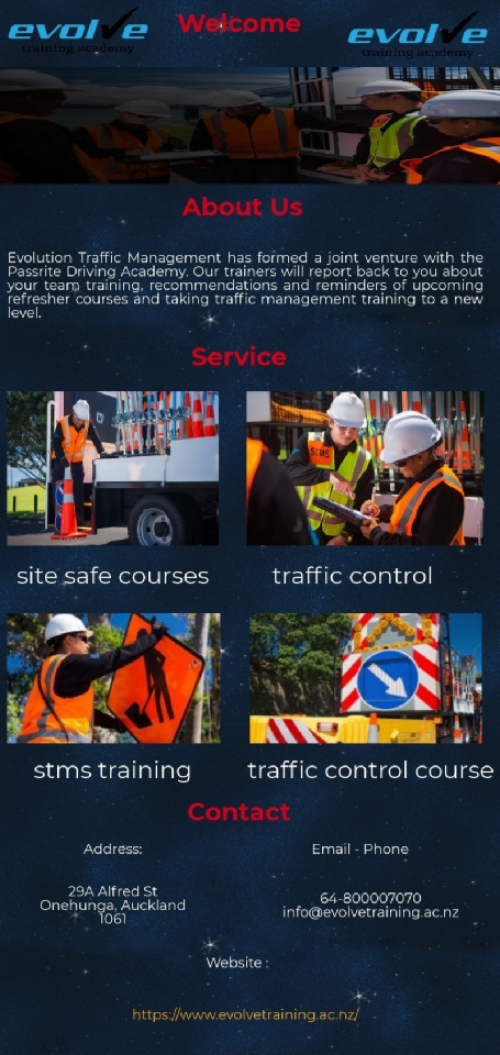 Evolve Professional Services exists to foster excellent traffic management certified staff that delivers TC Courses and safety mitigation courses. Contact us for more information at 64-800007070.
https://www.evolvetraining.ac.nz/courses/level-1-traffic-control-course/