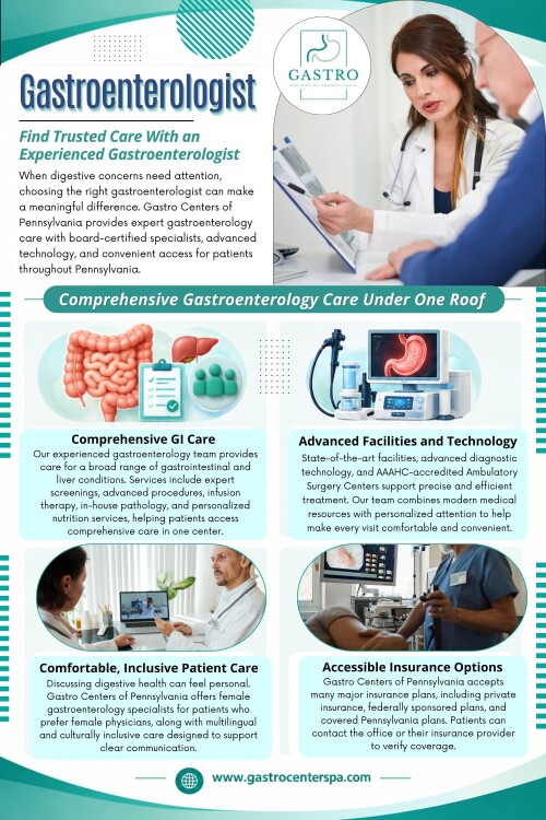 At Gastro Centers of Pennsylvania, the care team includes gastroenterologists, advanced practitioners, and anesthesiologists, with procedures provided through dedicated facilities. 

Gastro Centers of Pennsylvania

Our Location:
King of Prussia: 216 Mall Blvd #120, King of Prussia, PA 19406, United States
Find Us On Google Map: https://maps.app.goo.gl/urcTXbfAmHQzMY5V7