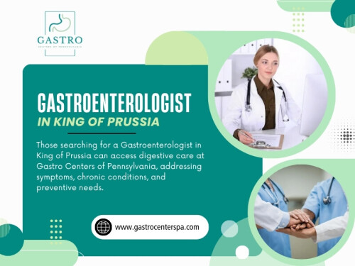 A Gastroenterologist in King of Prussia can look at the wider picture instead of focusing on one digestive symptom in isolation. Gastro Centers of Pennsylvania provides care for a broad range of digestive conditions and offers diagnostic services as part of its gastroenterology practice.

Click here for more information: https://www.gastrocenterspa.com/location/king-of-prussia

Gastro Centers of Pennsylvania

Location: 216 Mall Blvd #120, King of Prussia, PA 19406, United States
Find Us On Google Map: https://maps.app.goo.gl/urcTXbfAmHQzMY5V7