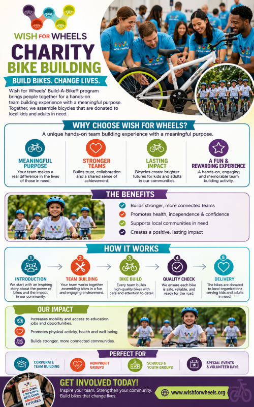 Looking for Charity Bike Building experiences that bring teams together for a meaningful cause? Wish for Wheels creates engaging bicycle-building events that strengthen collaboration, improve employee morale, and provide bikes to children in need. Build stronger workplace connections while making a lasting, positive impact in your community! https://www.wishforwheels.org/