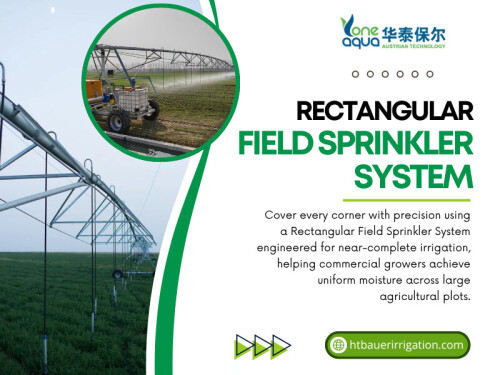 A rectangular field sprinkler system can follow the natural layout of the land instead of forcing the field to fit the irrigation pattern. HT Bauer lists crops such as wheat, corn, soybeans, cotton, potatoes and sugar beets among applications suited to the Aqualine range.